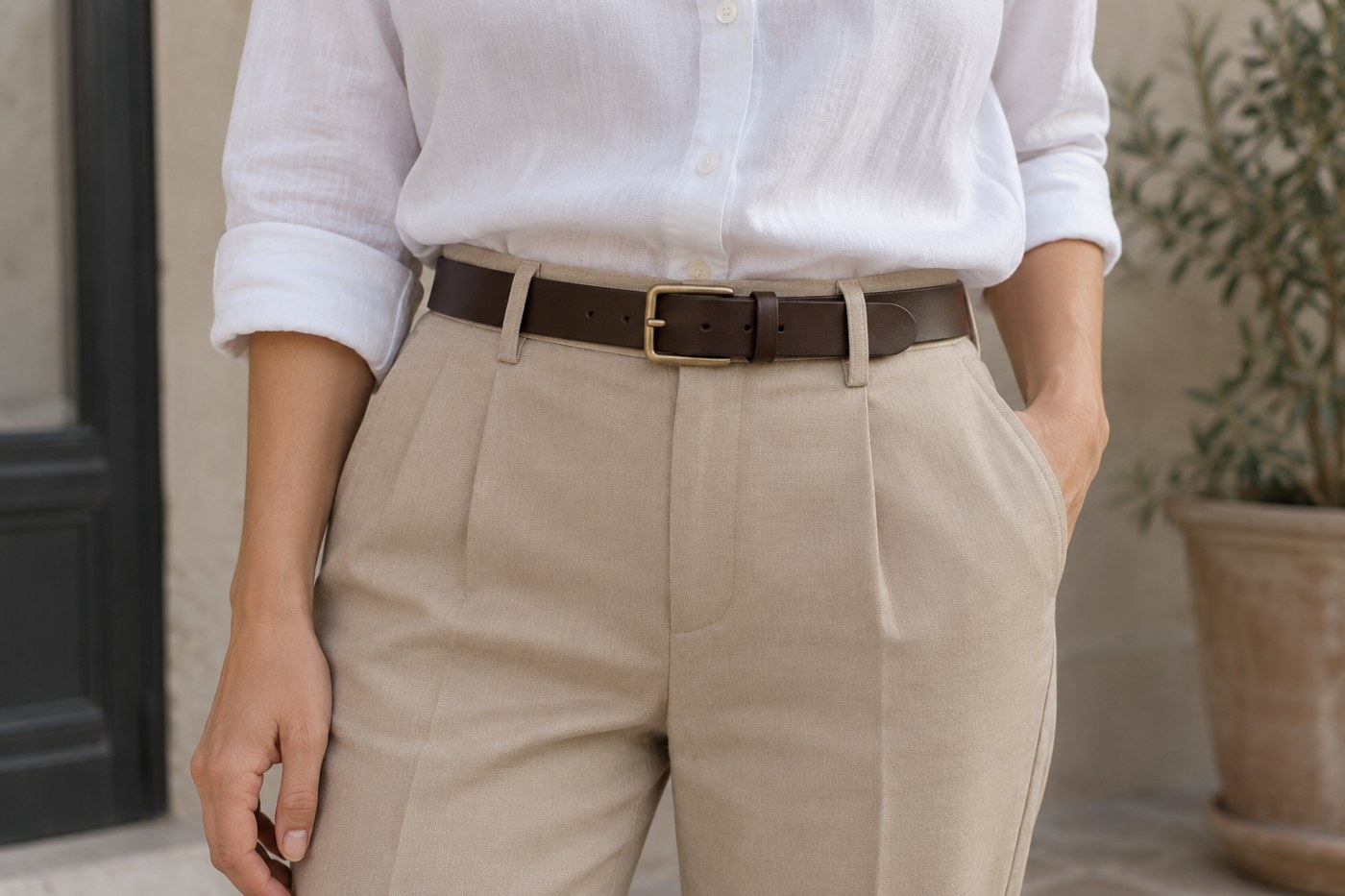 Leather belt fitted through trouser loops
