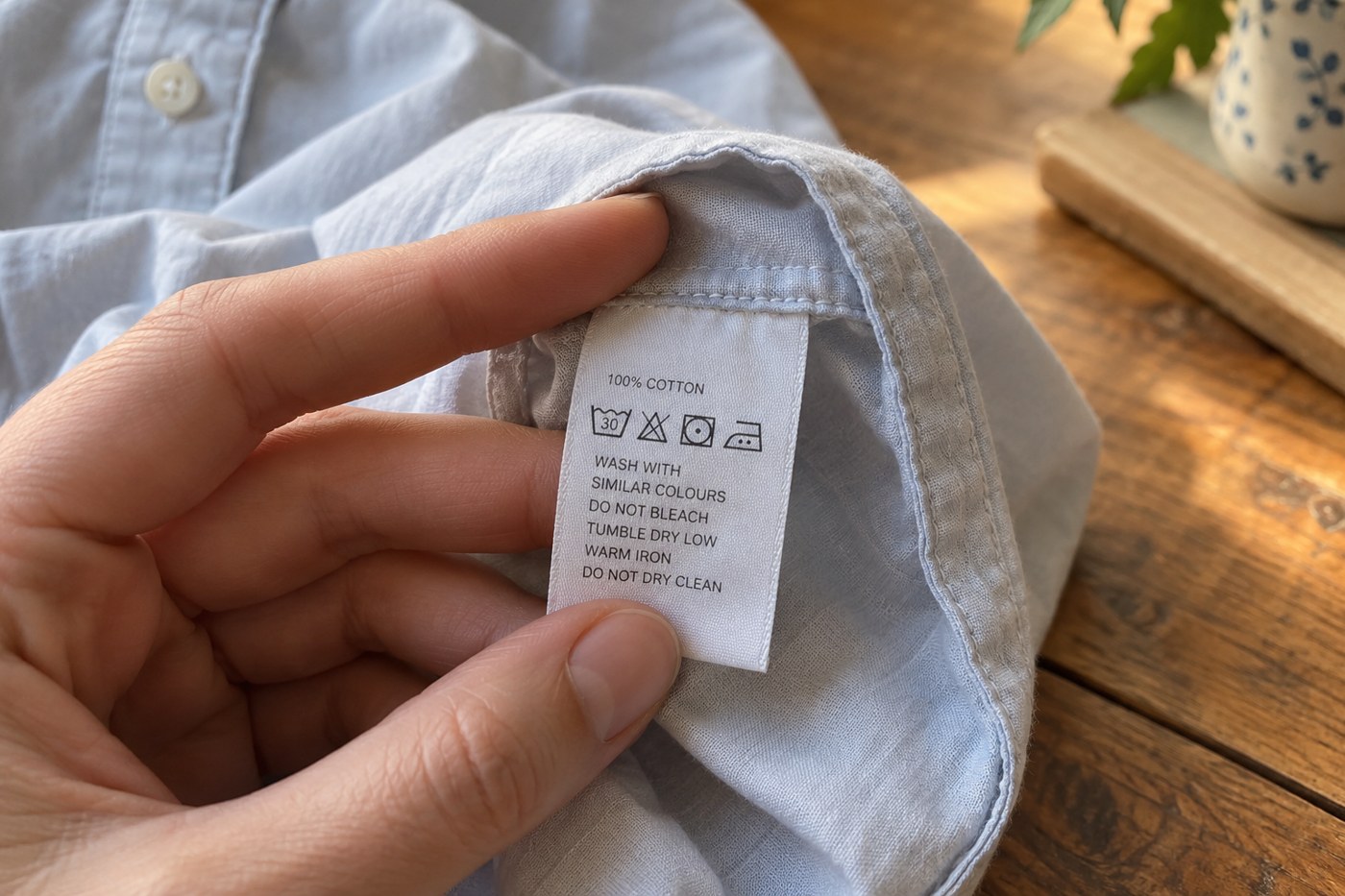 Care label inside a pale shirt