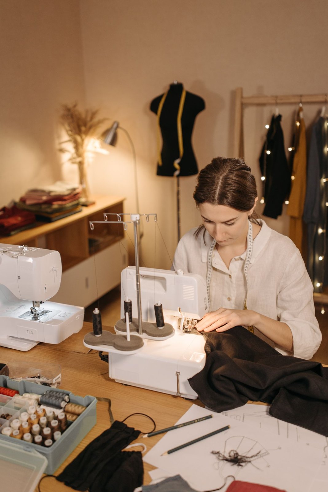Fabric seam being sewn on a sewing machine