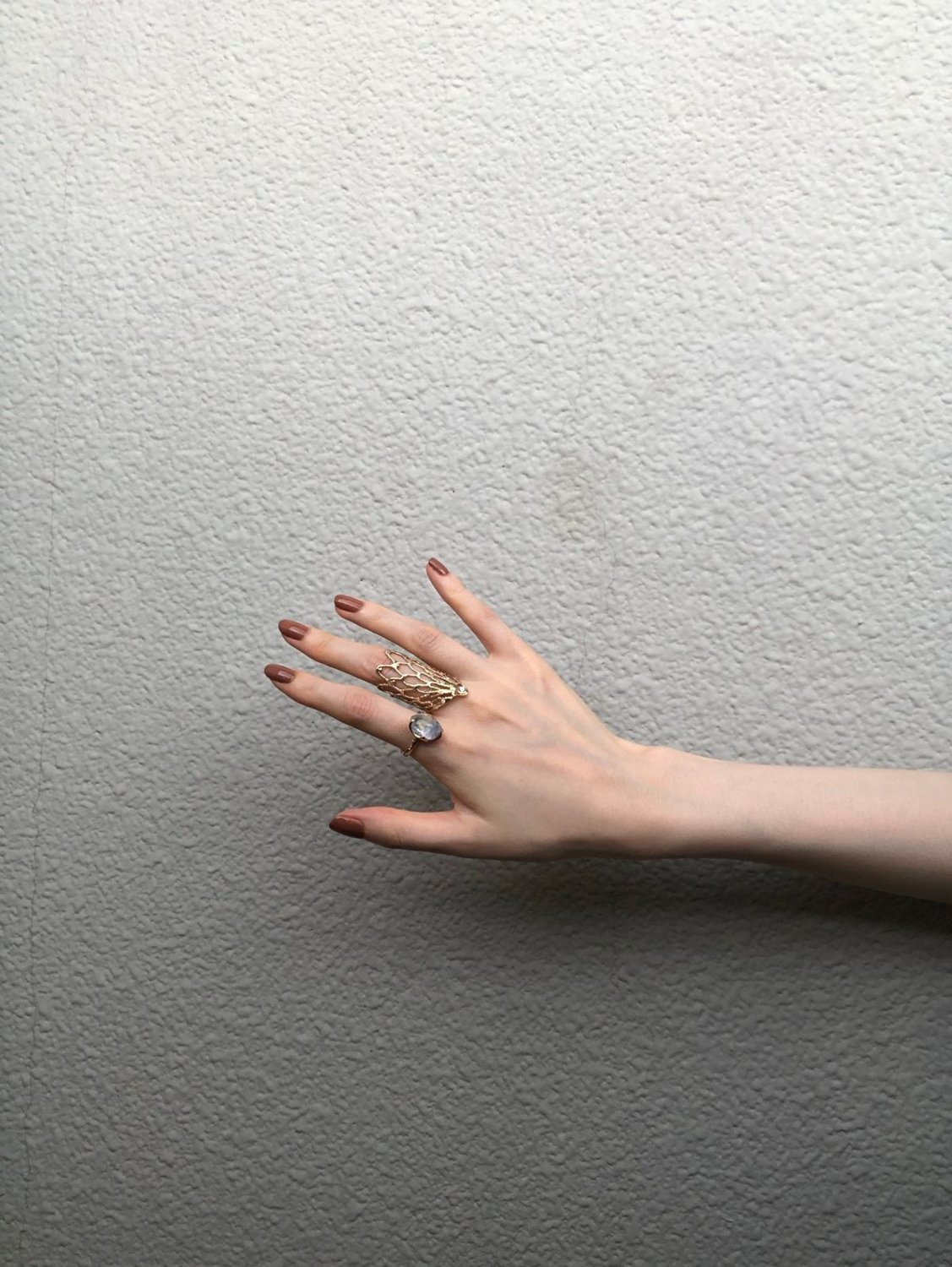 Brown painted nails alongside rings on one hand